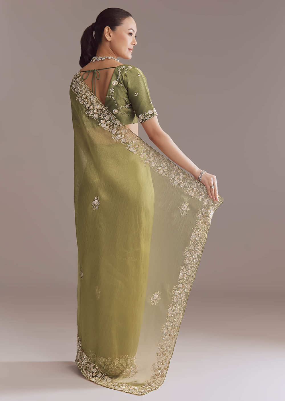 Mehendi Green Tissue Saree With Heavy Floral Embroidery