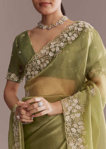 Mehendi Green Tissue Saree With Heavy Floral Embroidery