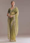 Mehendi Green Tissue Saree With Heavy Floral Embroidery