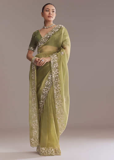 Mehendi Green Tissue Saree With Heavy Floral Embroidery