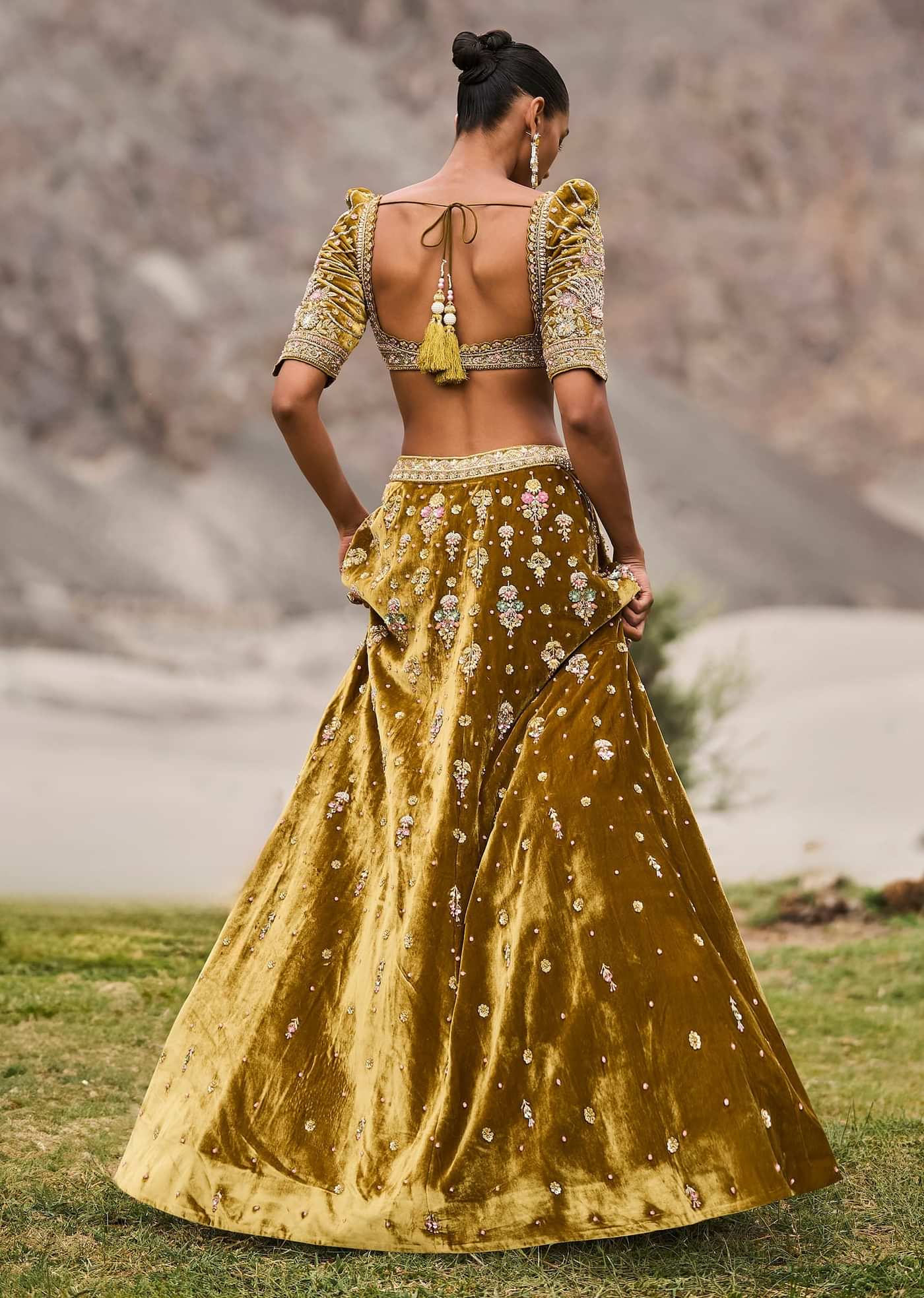 Mehendi Green Velvet Lehenga With Butti Work And Dupatta