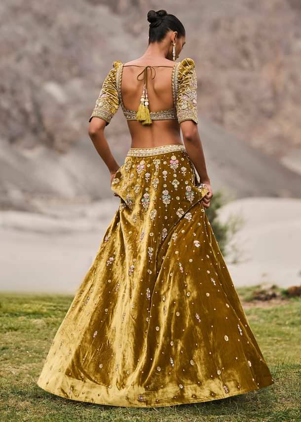 Mehendi Green Velvet Lehenga With Butti Work And Dupatta