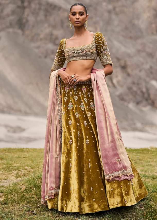 Mehendi Green Velvet Lehenga With Butti Work And Dupatta