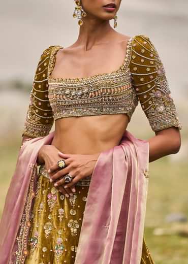 Mehendi Green Velvet Lehenga With Butti Work And Dupatta