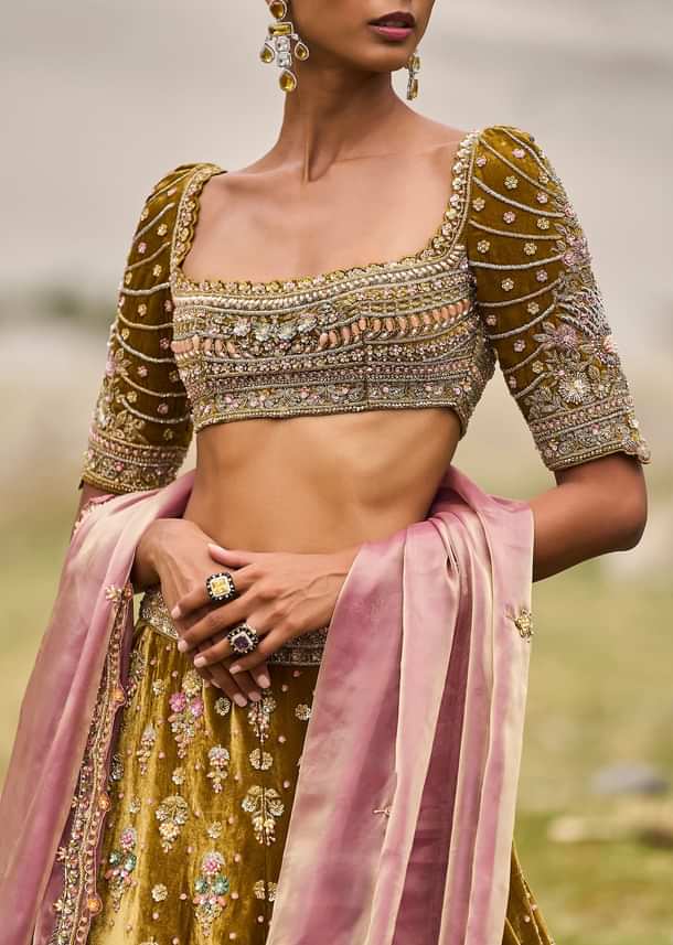 Mehendi Green Velvet Lehenga With Butti Work And Dupatta