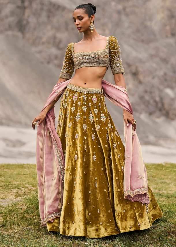 Mehendi Green Velvet Lehenga With Butti Work And Dupatta