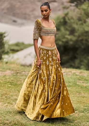 Mehendi Green Velvet Lehenga With Butti Work And Dupatta