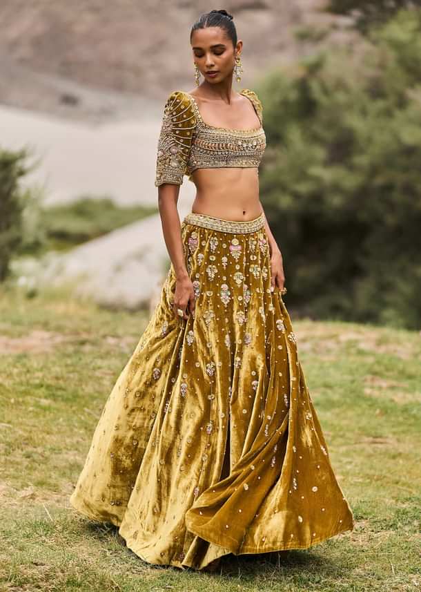 Mehendi Green Velvet Lehenga With Butti Work And Dupatta