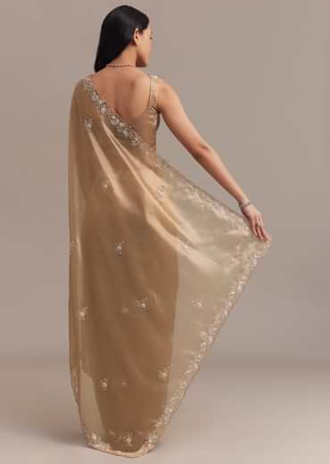 Metallic Gold Organza Tissue Saree With Cutdana And Bead Embroidery