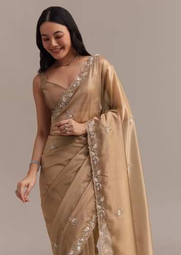 Metallic Gold Organza Tissue Saree With Cutdana And Bead Embroidery