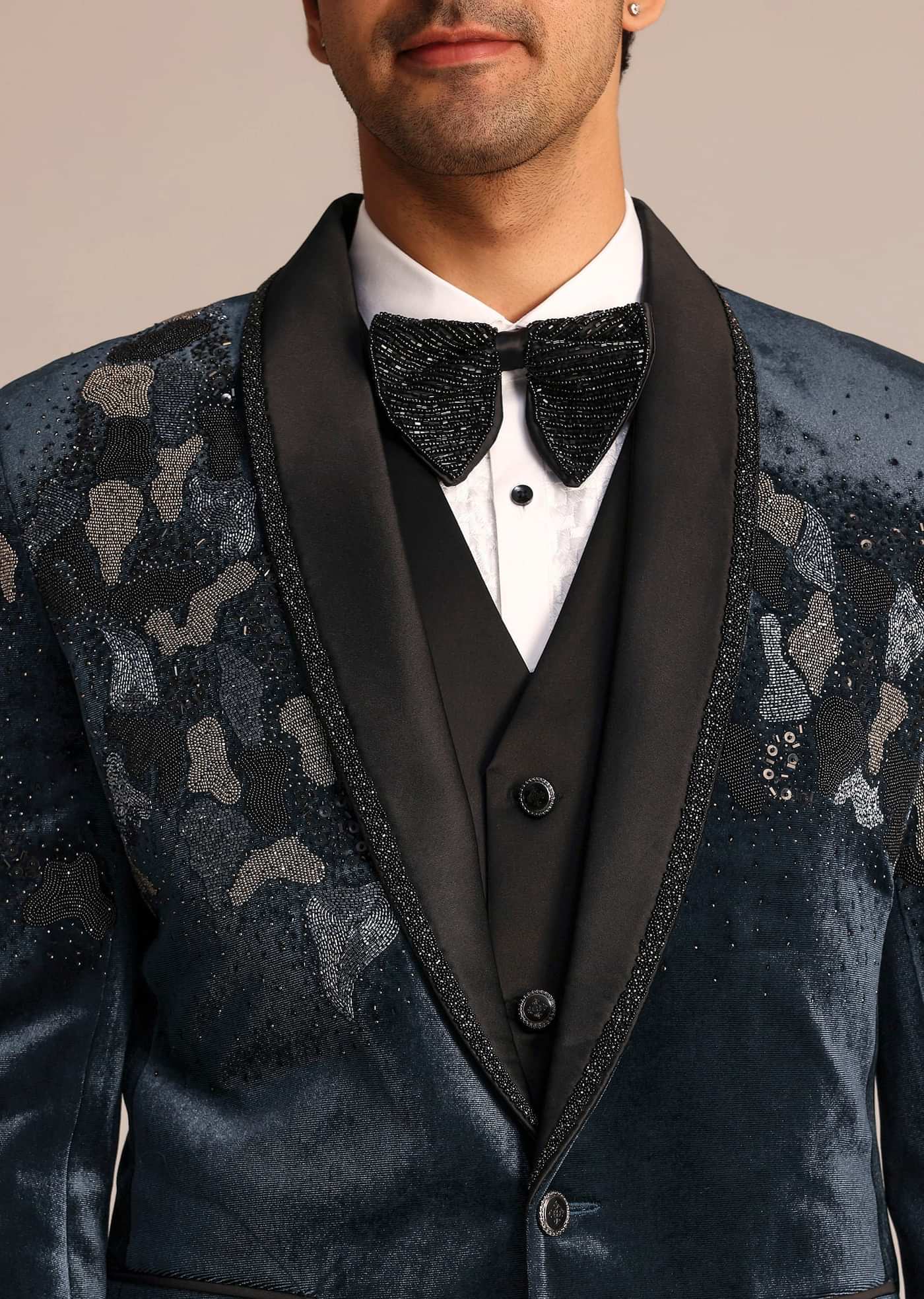 Metallic Grey Velvet Suit With Zardosi Detailing