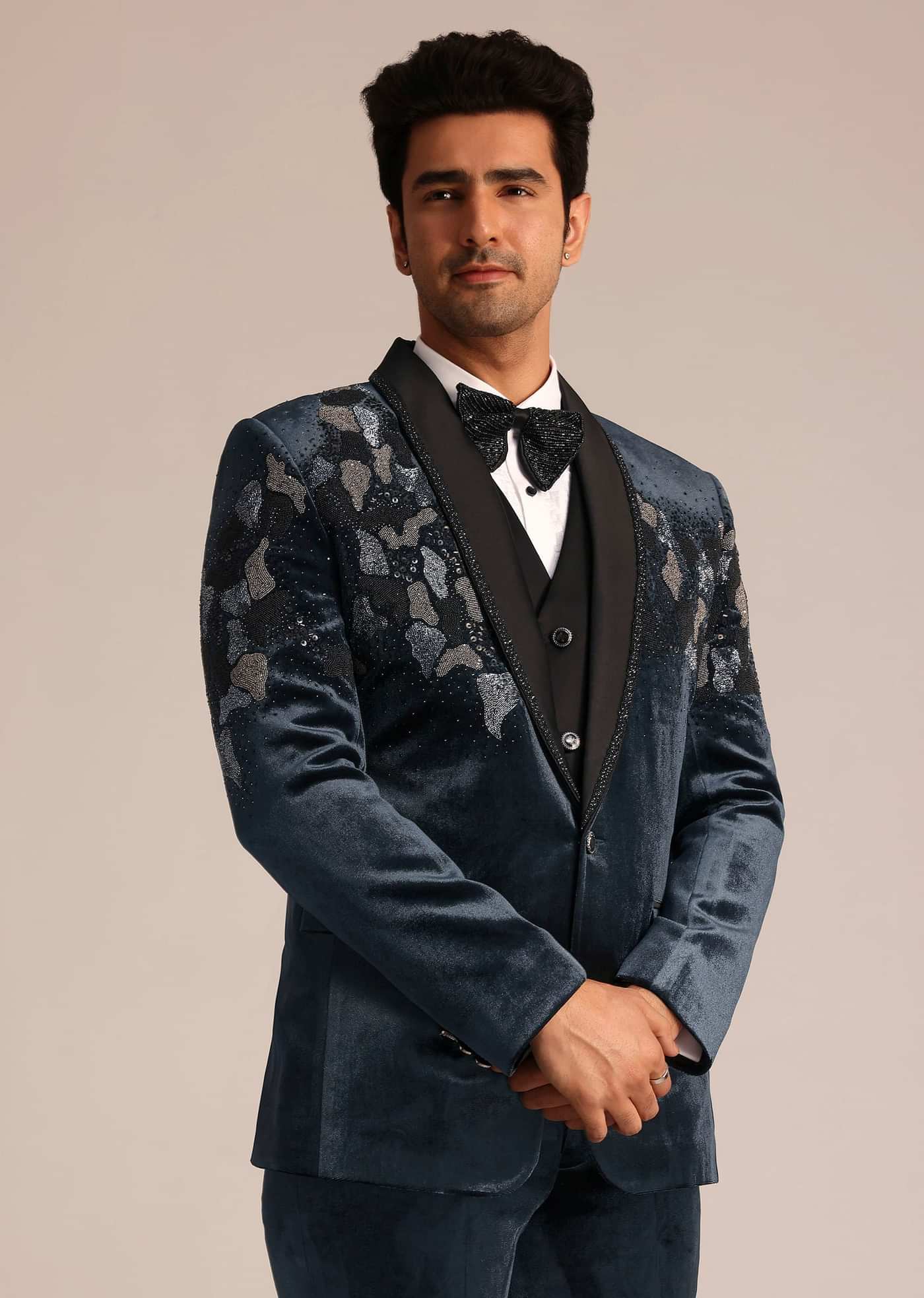 Metallic Grey Velvet Suit With Zardosi Detailing