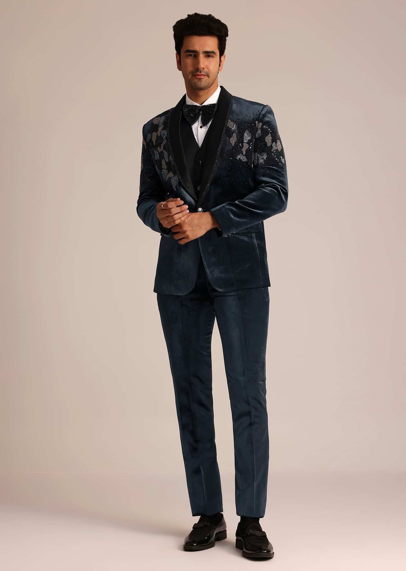 Metallic Grey Velvet Suit With Zardosi Detailing