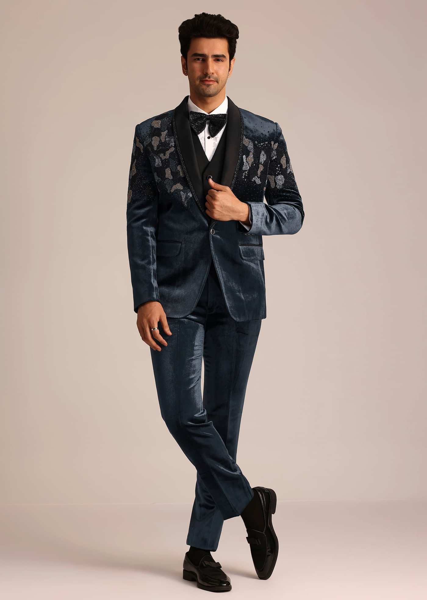 Metallic Grey Velvet Suit With Zardosi Detailing