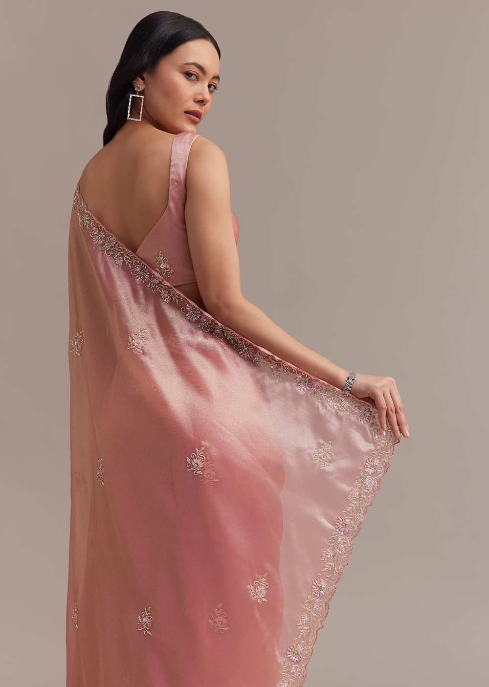Metallic Pink Organza Tissue Saree With Cutdana And Bead Embroidery