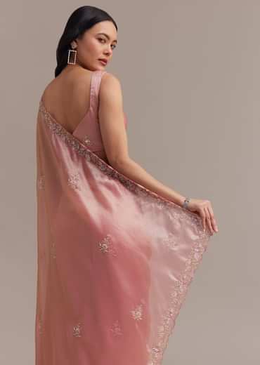 Metallic Pink Organza Tissue Saree With Cutdana And Bead Embroidery