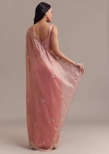 Metallic Pink Organza Tissue Saree With Cutdana And Bead Embroidery
