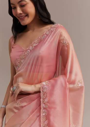 Metallic Pink Organza Tissue Saree With Cutdana And Bead Embroidery