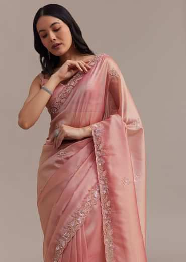 Metallic Pink Organza Tissue Saree With Cutdana And Bead Embroidery