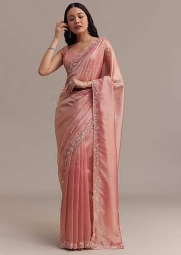 Metallic Pink Organza Tissue Saree With Cutdana And Bead Embroidery
