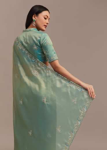 Metallic Sea Green Tissue Organza Saree With Embroidered Border