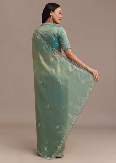 Metallic Sea Green Tissue Organza Saree With Embroidered Border