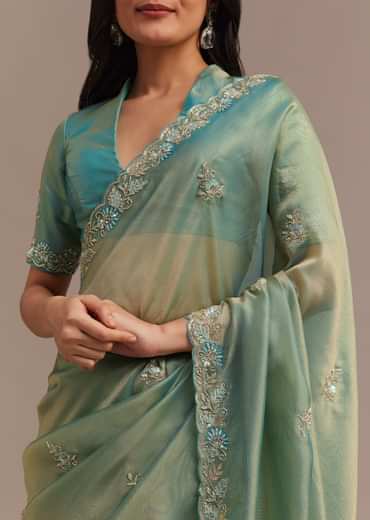 Metallic Sea Green Tissue Organza Saree With Embroidered Border