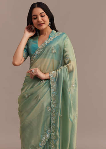 Metallic Sea Green Tissue Organza Saree With Embroidered Border