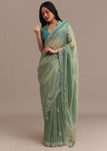 Metallic Sea Green Tissue Organza Saree With Embroidered Border