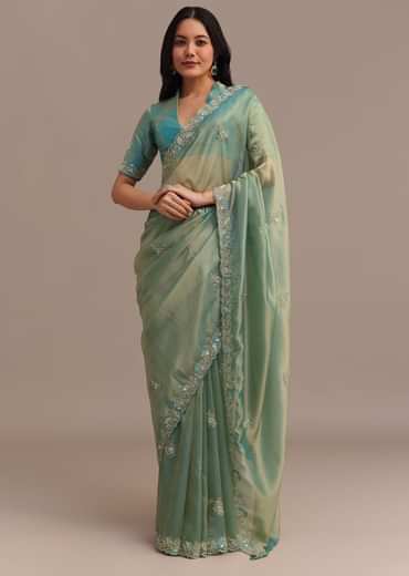 Metallic Sea Green Tissue Organza Saree With Embroidered Border