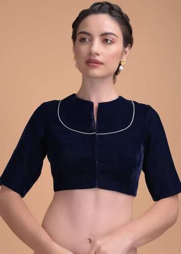 Midnight Blue Blouse In Velvet With A Zari Lace Defining The Neckline
