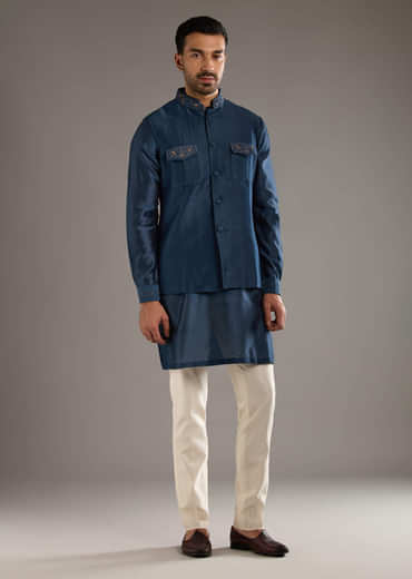 Midnight Blue Chanderi Linen Kurta Jacket Set For Men With Dori Work