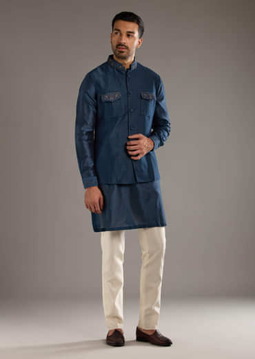 Midnight Blue Chanderi Linen Kurta Jacket Set For Men With Dori Work