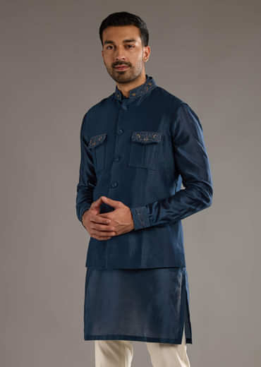 Midnight Blue Chanderi Linen Kurta Jacket Set For Men With Dori Work