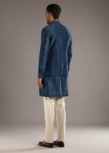 Midnight Blue Chanderi Linen Kurta Jacket Set For Men With Dori Work