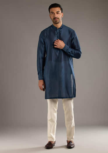 Midnight Blue Chanderi Linen Kurta Jacket Set For Men With Dori Work
