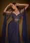 Midnight Blue Corset Gown With Drape And Embroidered Cape