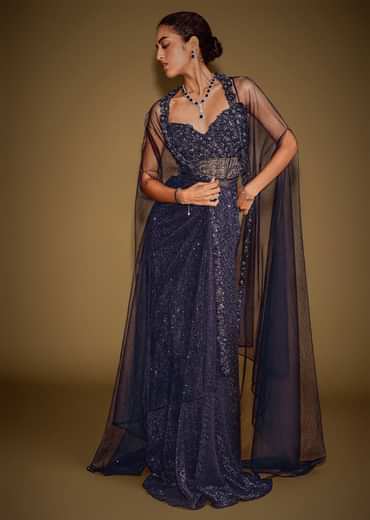 Midnight Blue Corset Gown With Drape And Embroidered Cape
