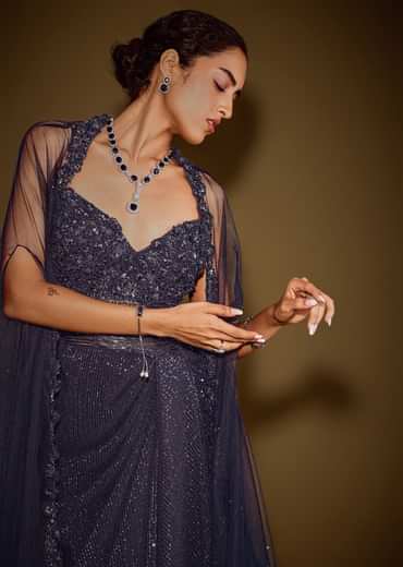 Midnight Blue Corset Gown With Drape And Embroidered Cape