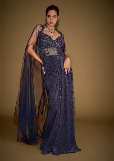 Midnight Blue Corset Gown With Drape And Embroidered Cape