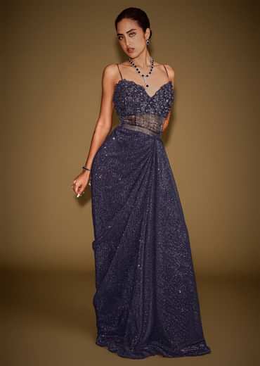 Midnight Blue Corset Gown With Drape And Embroidered Cape
