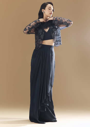 Midnight Blue Feather Embellished Crop Top Skirt Set with Jacket
