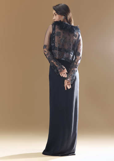 Midnight Blue Feather Embellished Crop Top Skirt Set with Jacket