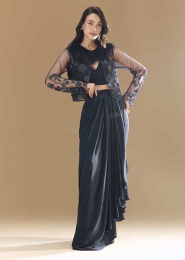 Midnight Blue Feather Embellished Crop Top Skirt Set with Jacket