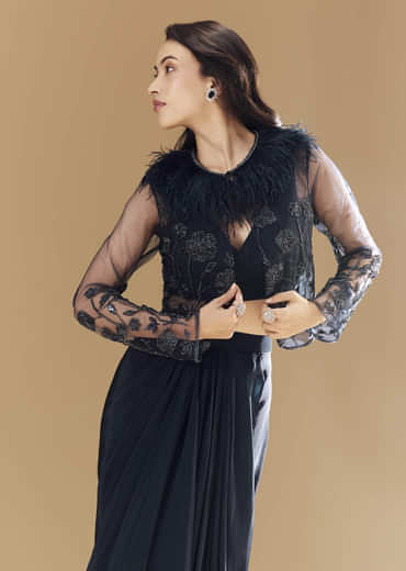 Midnight Blue Feather Embellished Crop Top Skirt Set with Jacket