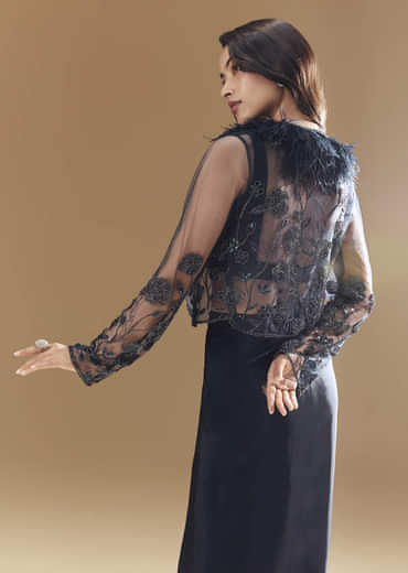 Midnight Blue Feather Embellished Crop Top Skirt Set with Jacket