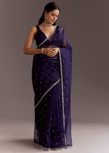 Midnight Blue Glass Tissue Saree With Cutdana And Sequins Scallop Border
