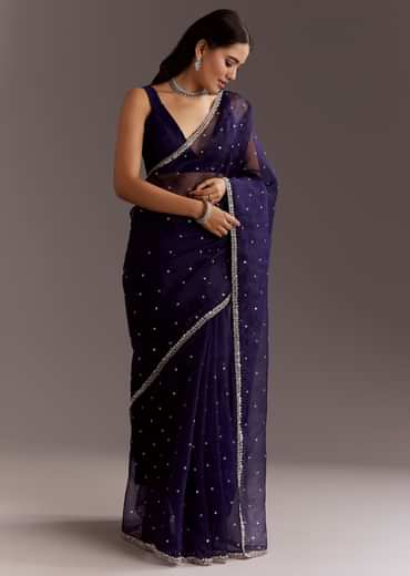 Midnight Blue Glass Tissue Saree With Cutdana And Sequins Scallop Border