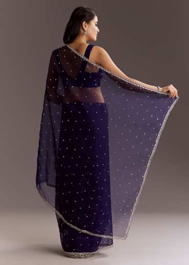 Midnight Blue Glass Tissue Saree With Cutdana And Sequins Scallop Border