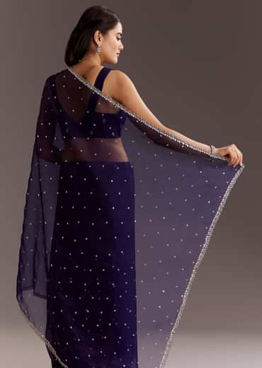 Midnight Blue Glass Tissue Saree With Cutdana And Sequins Scallop Border